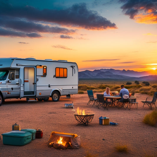 A serene campsite scene at sunset with a sleek RV in the center, surrounded by organized storage solutions: bins, baskets, and shelves, with a few outdoor gear and accessories scattered around.