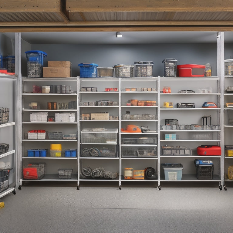 A well-lit, organized garage with three heavy-duty shelving units, each with five tiers, holding various storage bins, tools, and equipment, against a neutral-colored wall with a concrete floor.