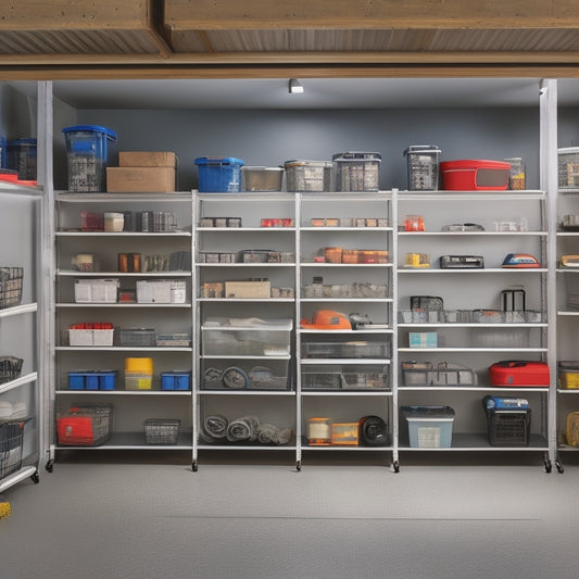 A well-lit, organized garage with three heavy-duty shelving units, each with five tiers, holding various storage bins, tools, and equipment, against a neutral-colored wall with a concrete floor.