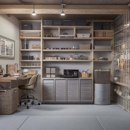 A tidy garage with a silver SUV parked inside, surrounded by sleek, wall-mounted shelves and cabinets in a light wood tone, holding labeled bins and baskets in a harmonious, clutter-free space.