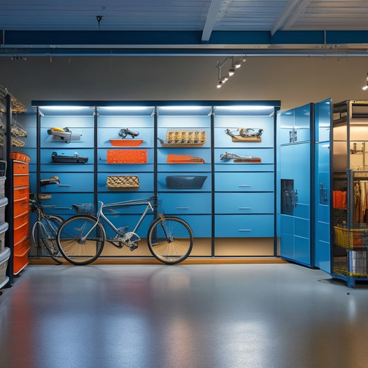 A well-lit, modern garage with sleek, silver cabinets, a pegboard with neatly hung tools, and a floor-to-ceiling storage system holding labeled bins and a few shiny bicycles.