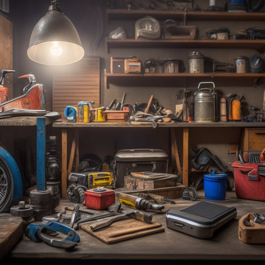 A cluttered garage with scattered tools and a workbench in the background, with a clean and organized iPhone on a small desk in the foreground, surrounded by a few neatly arranged wrenches and a miniature toolbox.