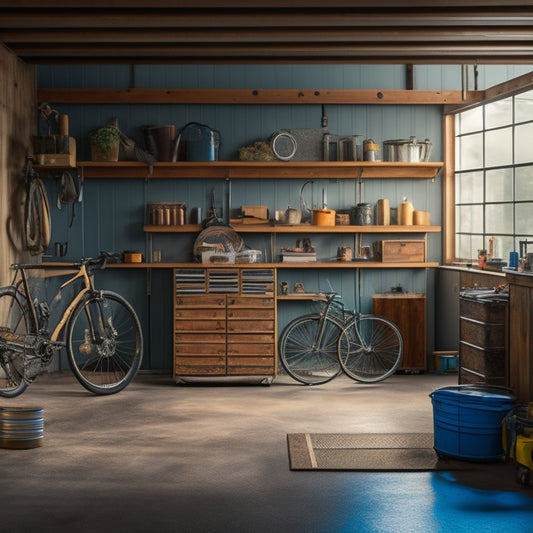 An empty garage with a single, rusty old bike and scattered tools, transitioning into a sleek, organized space with a sports car, epoxy-coated floors, and custom storage cabinets.