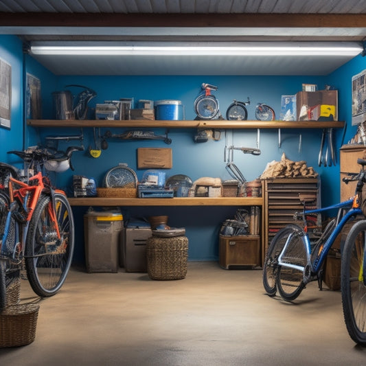 A cluttered garage with scattered tools, bicycles, and boxes, with a few items falling off shelves, and a faint outline of a perfectly organized garage in the background, with sleek cabinets and labeled bins.