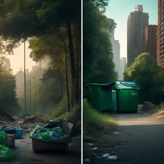 A split-screen image featuring a cluttered, polluted cityscape on one side and a serene, lush forest on the other, with a recycling bin and a few strategically placed recyclable materials in the foreground.