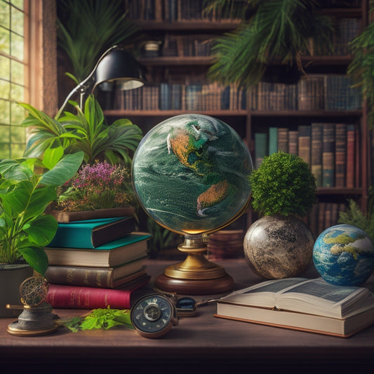 A colorful, clutter-free bookshelf with various science-related items, including a microscope, globe, and model of the solar system, surrounded by lush green plants and a few favorite novels.