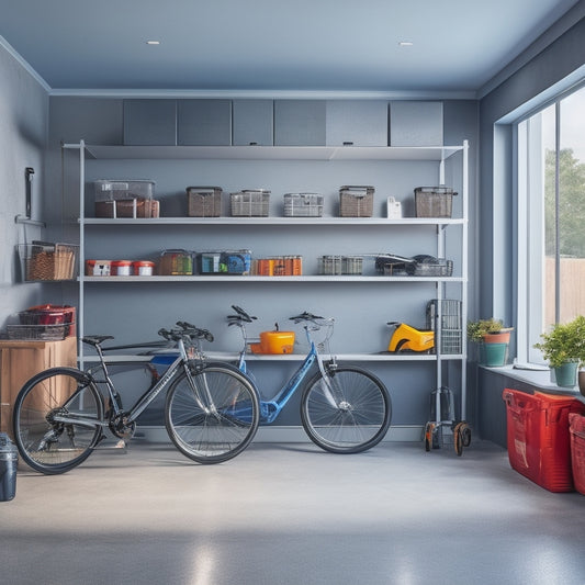 A clutter-free garage with sleek, silver portable shelves, stacked with storage bins and tools, against a gray concrete wall, with a few bikes and a car in the background, lit by natural light.