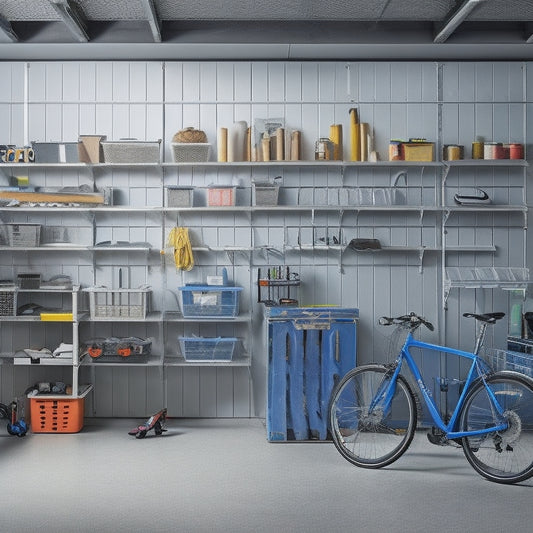 A well-organized garage with a slatwall, pegboard, and shelving units, featuring a mix of hanging bicycles, storage bins, and a workbench with a vice, all set against a clean, gray concrete floor.