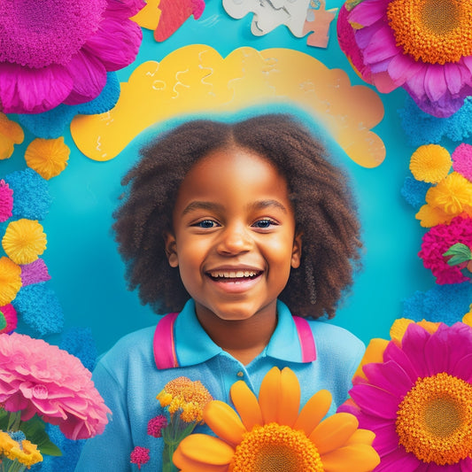 A vibrant, colorful illustration depicting a smiling elementary-aged student standing in front of a giant, blooming flower, surrounded by puzzle pieces, building blocks, and a subtle background of faint, swirling clouds.