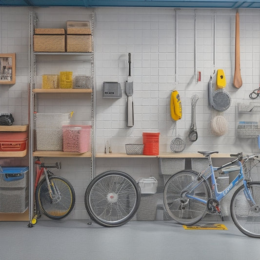 A well-organized garage with a sleek, silver Pegboard on the wall, holding various tools and accessories, surrounded by labeled storage bins, baskets, and a few bicycles suspended from the ceiling.