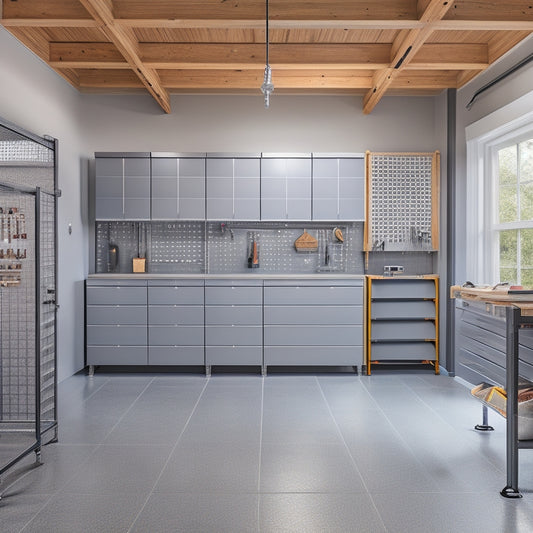 A clutter-free garage with a sleek, gray epoxy floor, featuring a pegboard with hanging tools, a slatwall with baskets and bins, and a custom cabinetry system with a stainless steel workbench.