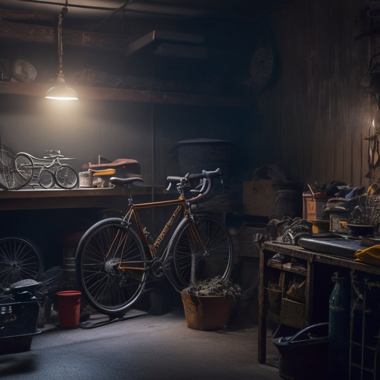 A dimly lit garage interior with cluttered shelves, cobweb-covered tools, and a rusty bicycle, illuminated by a single, flickering overhead lightbulb, casting eerie shadows on the walls.