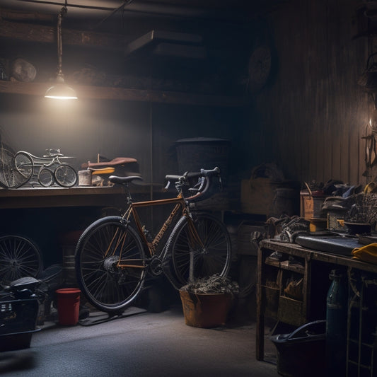 A dimly lit garage interior with cluttered shelves, cobweb-covered tools, and a rusty bicycle, illuminated by a single, flickering overhead lightbulb, casting eerie shadows on the walls.