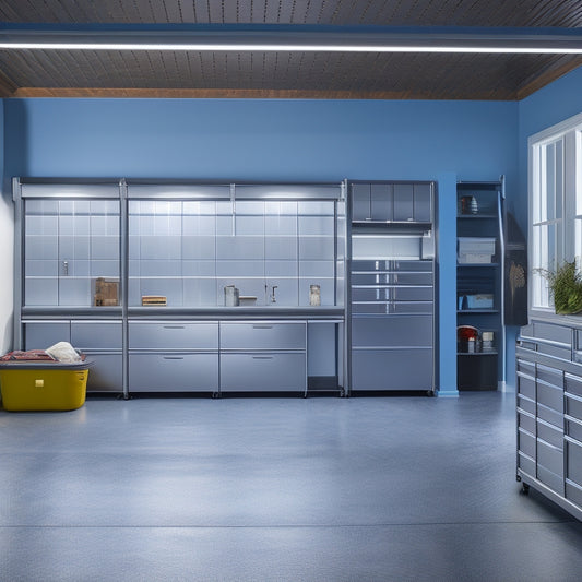 A well-organized garage with a sleek epoxy-coated floor, gray metal cabinets, and a slatwall with hooks and bins, illuminated by bright LED lights and a large window with a scenic backyard view.