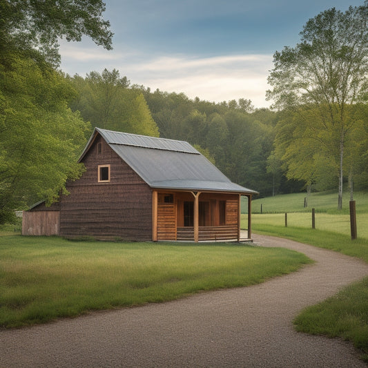 A serene rural landscape featuring a rustic wooden barn with a gambrel roof, adjacent to a modern metal shed with a sloping roof, surrounded by lush greenery and a meandering stone path.