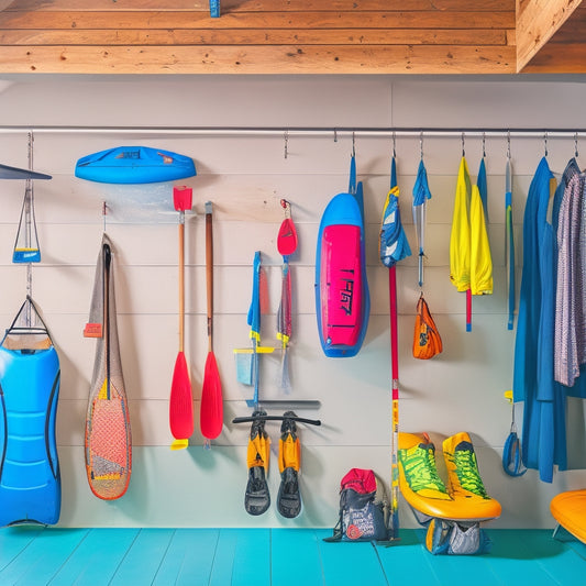 A well-organized garage with a sleek, silver kayak suspended from the ceiling, a paddleboard leaning against a wall-mounted rack, and a collection of colorful life jackets and water shoes on shelved bins.