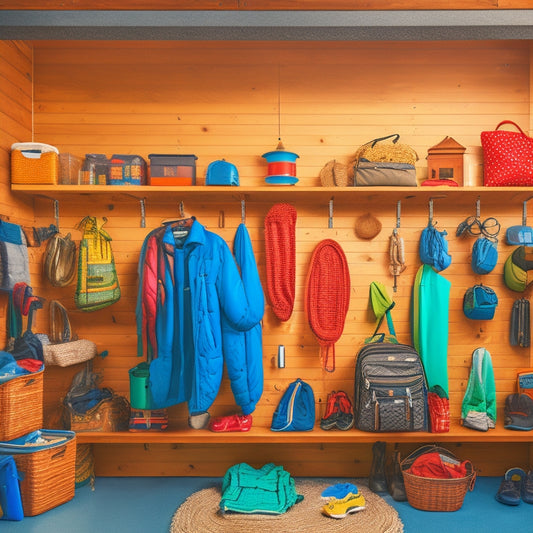 A clutter-free garage with organized camping gear: a pegboard with hooks holding backpacks, lanterns, and ropes, while shelves store labeled bins and a hammock hangs from the ceiling.