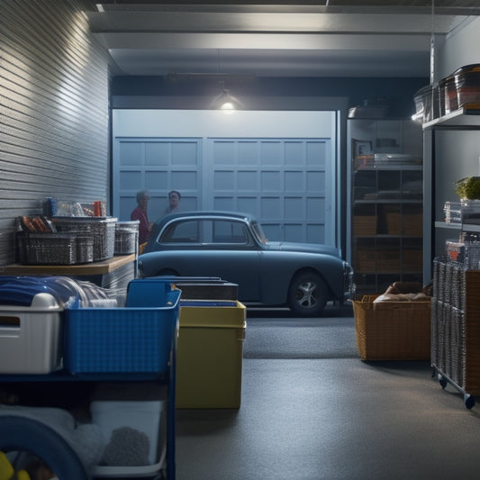 A brightly lit, organized garage with sleek, grey tailored shelves, holding labeled bins and storage containers, alongside a parked car with a reflection of a happy homeowner in the window.