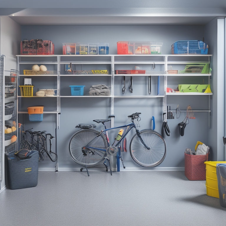 A neatly organized garage with a low ceiling featuring a slanted shelving unit, a wall-mounted bike rack, and a hanging storage bin system with colorful bins and baskets.