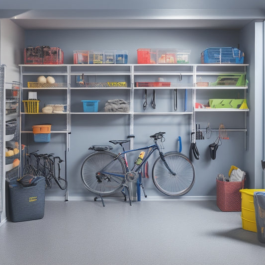 A neatly organized garage with a low ceiling featuring a slanted shelving unit, a wall-mounted bike rack, and a hanging storage bin system with colorful bins and baskets.