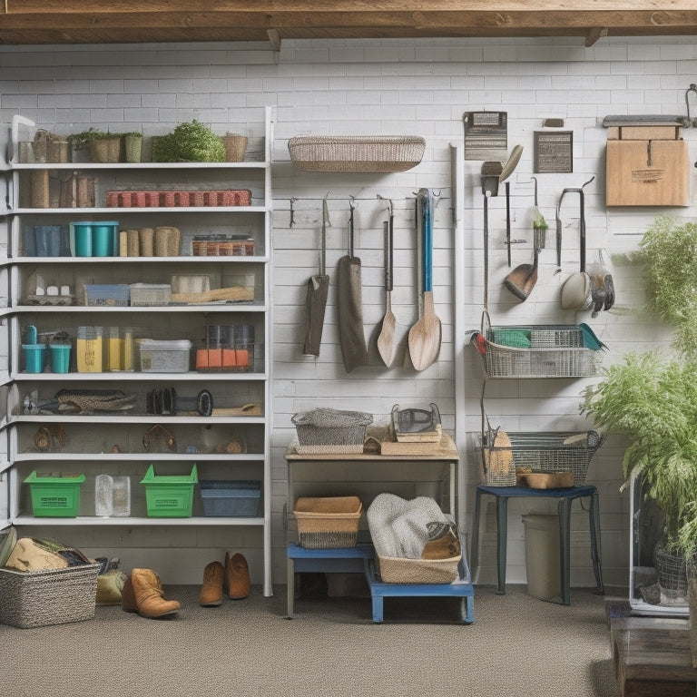 A well-organized garage with a pegboard displaying neatly hung gardening tools, including a rake, trowel, and pruning shears, surrounded by labeled bins and a shelf storing seed packets and gloves.