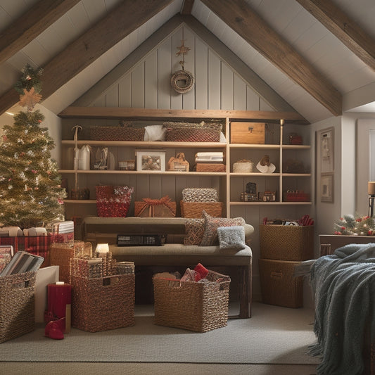 An organized attic space with labeled bins, stacked shelves, and a few decorative items like a Christmas tree topper and a wreath peeking out, surrounded by warm, soft lighting.