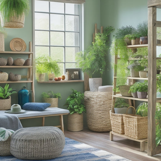 A bright, airy room with a mix of modern and vintage decor, featuring a reclaimed wood shelving unit, woven baskets, and colorful storage bins, surrounded by lush greenery and soft natural light.