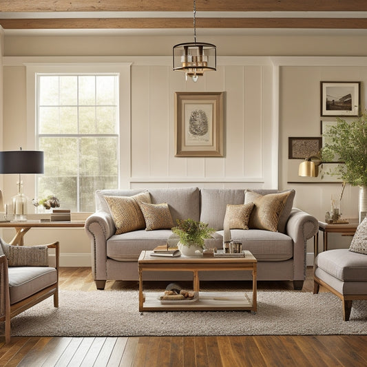 A warm, inviting living room with a plush gray sectional sofa, a reclaimed wood coffee table, and a statement light fixture above, set against a backdrop of cream-colored walls and rich hardwood flooring.