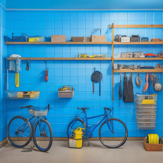 A well-organized garage with a pegboard on the wall, colored bins on shelves, a slatwall with hanging bikes and tools, and a sleek, modern workbench with a built-in vice.