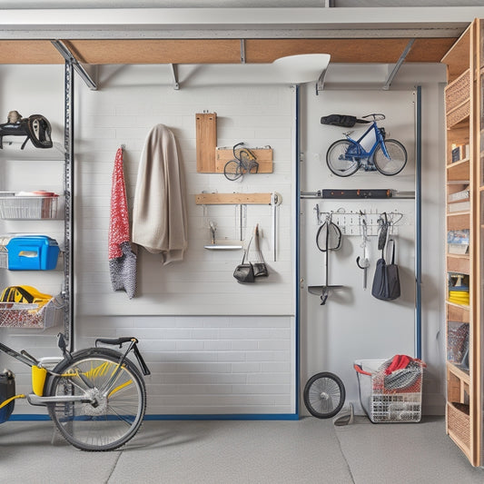 A clutter-free, compact garage interior with a small car, sleek storage bins, hooks for bikes and tools, a pegboard, and a retractable ladder, set against a clean, white background.