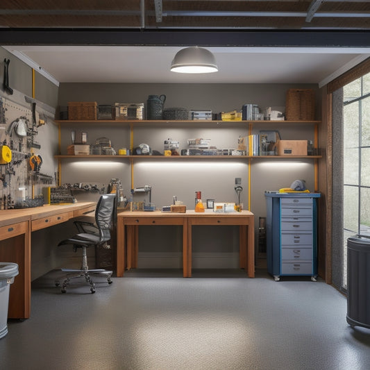 A well-organized garage with sleek, floor-to-ceiling storage units, a pegboard with hanging tools, and a workstation with a built-in vice, all illuminated by natural light pouring in through a large window.