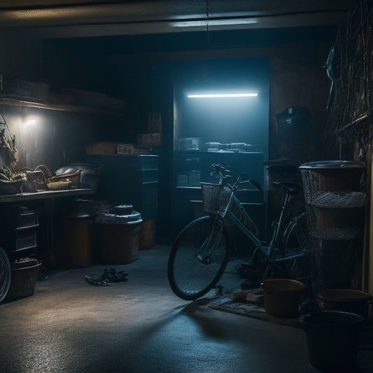 A dimly lit garage interior with rusty bicycles, dusty storage bins, and broken appliances scattered haphazardly, with cobwebs clinging to the walls and a single, flickering overhead light.