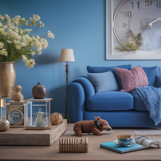 A serene, well-lit living room with a tidy couch, a vase with fresh flowers, and a few scattered toys, with a subtle background of a calendar and a clock on the wall.
