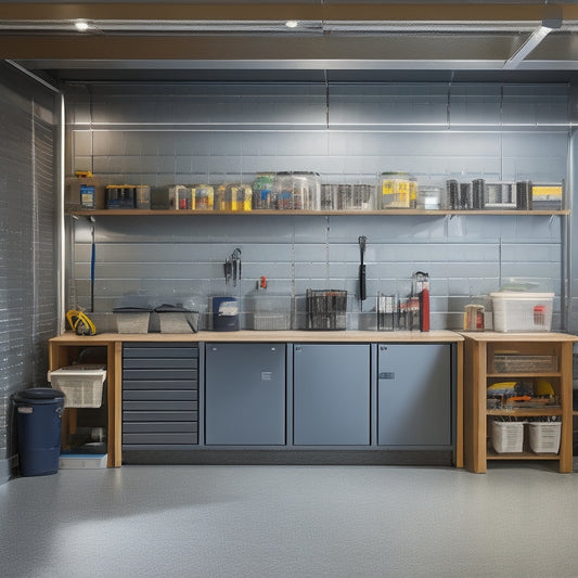 A well-lit, organized garage with a sleek epoxy floor, featuring a wall-mounted slatboard with hanging bins, a stainless steel workbench with built-in cabinets, and a labeled pegboard with tools.