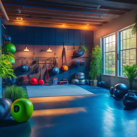 A well-lit garage interior with mirrors, rubber flooring, and a mix of free weights, kettlebells, and modern exercise machines, surrounded by motivational fitness-inspired decor and plants.