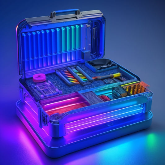A futuristic toolbox with retractable compartments, holding various pliers in rainbow colors, suspended by thin wires, surrounded by glowing blue circuits and metallic accents, set against a dark, gradient background.