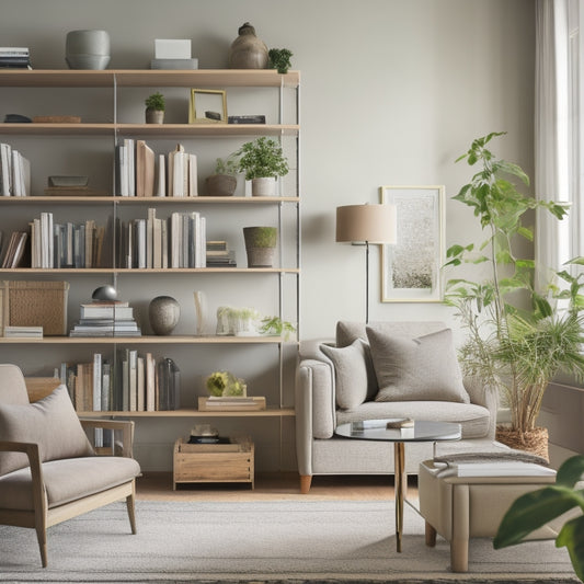 A serene, decluttered living room with a neutral color palette, featuring a sleek, floor-to-ceiling bookshelf with neatly arranged books, plants, and decorative objects, alongside a tidy, minimalist desk.