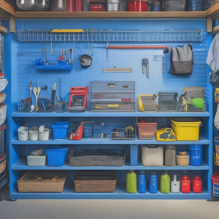 A tidy garage toolbox with a pegboard on the back wall, holding organized rows of tools, and a few labeled bins on a nearby shelf, surrounded by a clean and clutter-free floor.