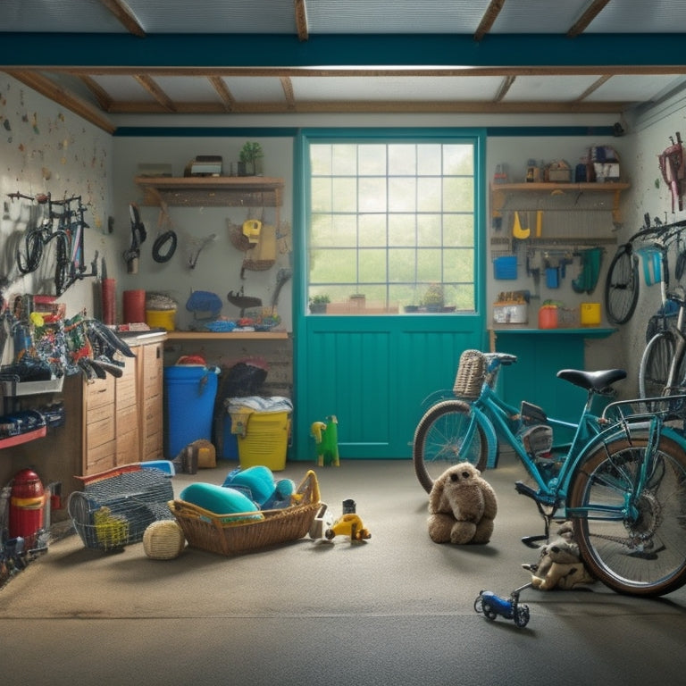 A cluttered garage interior with scattered tools, bicycles, and storage bins, a partially-opened garage door revealing a messy lawn with toys and outdoor furniture, and a frustrated homeowner in the background.