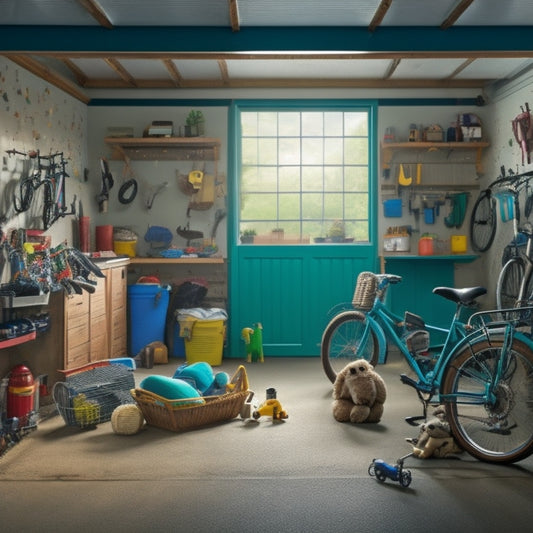 A cluttered garage interior with scattered tools, bicycles, and storage bins, a partially-opened garage door revealing a messy lawn with toys and outdoor furniture, and a frustrated homeowner in the background.