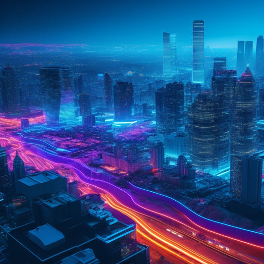 A futuristic, neon-lit cityscape at dusk, with glowing blue circuit boards and wires weaving through skyscrapers, symbolizing Marshall Atkinson's digital footprint and online influence.