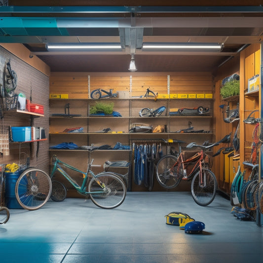 A cluttered garage with bikes, tools, and boxes scattered on the floor, contrasted with a sleek, organized garage featuring ceiling-mounted storage racks holding bins, bicycles, and luggage, with ample floor space.