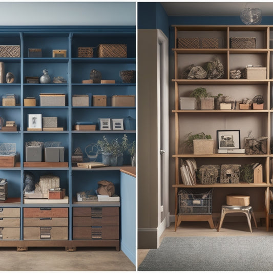 A split-screen illustration featuring a cluttered, cramped storage unit on the left, contrasted with a tidy, organized unit on the right, with varying sizes of boxes, shelves, and furniture.