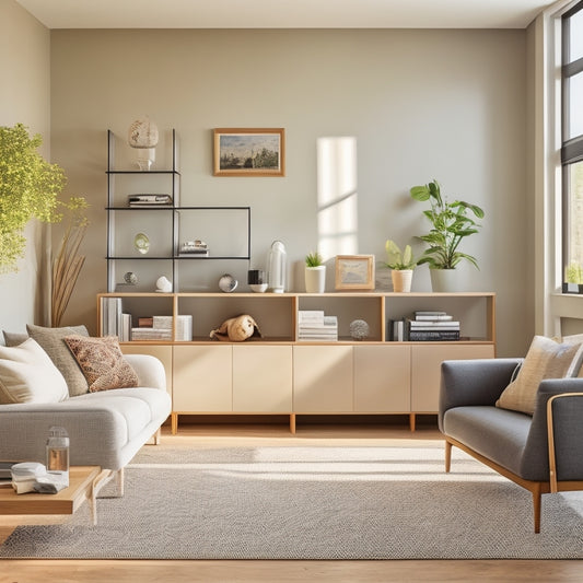 A serene, clutter-free living room with a few, strategically-placed storage bins, a minimalist floating shelf, and a statement piece of wall art, illuminated by warm, natural light.
