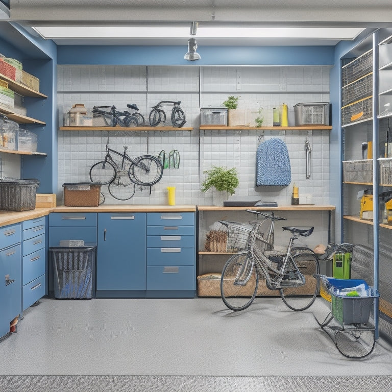 A bright, well-organized garage interior with floor-to-ceiling storage cabinets, labeled bins, and a sleek, stainless steel workbench, surrounded by a few neatly parked bicycles and a tidy tool pegboard.