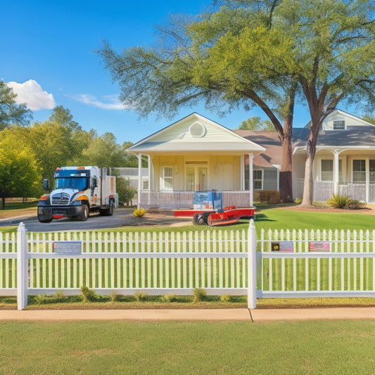 A sunny day in Dallas with a white picket fence, a slightly ajar automatic gate, and a repair truck with a technician in a reflective vest, tools scattered around, and a subtle Texas flag in the background.