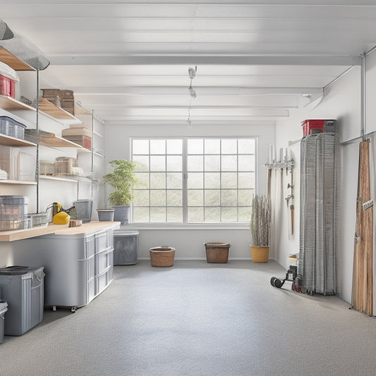 A well-lit, clutter-free garage interior with sleek, silver Fast Track storage systems, holding various tools and accessories, against a clean, white background, with warm, natural light pouring in through the windows.