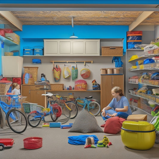 A clutter-free garage with a parked RV, organized storage bins, bikes, and toys neatly arranged on shelves and hooks, with a few family members playing in the background.