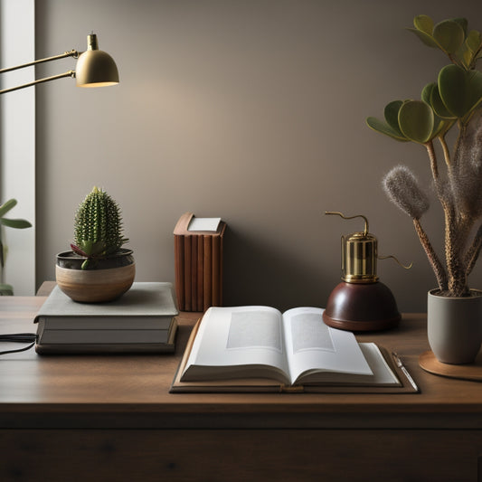 A serene, minimalist workspace with a few, carefully arranged objects: a single, leather-bound book, a simple wooden desk lamp, and a small, potted succulent, surrounded by a subtle, creamy background.