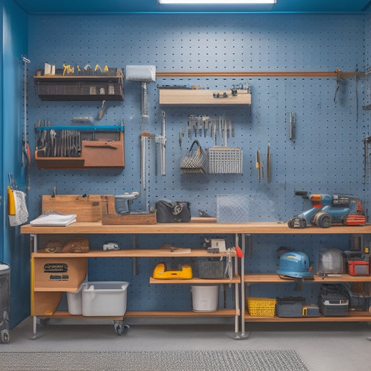 A well-organized workshop with a pegboard covered in hanging tools, a sleek workbench, and a few strategically placed storage bins, surrounded by a tidy garage with a polished floor.